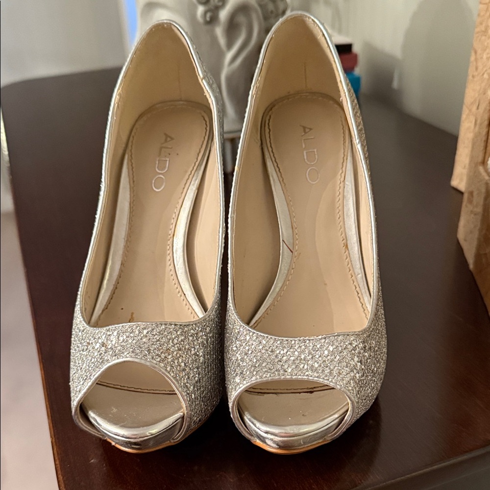 Aldo Glittering Silver Peep-Toe Heels